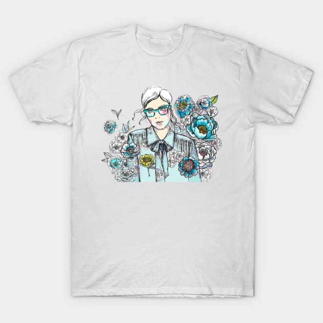 Woman Wearing Glasses in a Floral Pattern - 2. T-Shirt by FanitsaArt